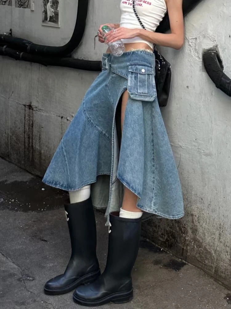 

plus Size American Retro Belted Asymmetrical Denim Skirt Women Summer New Style Slimming Split Workwear Skirt