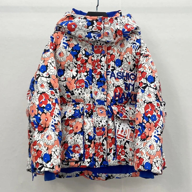 European Station Color Patchwork Printed Down Jacket Female Short 2023 Winter New Hooded Thick White Duck Down Ladies Coat Tide