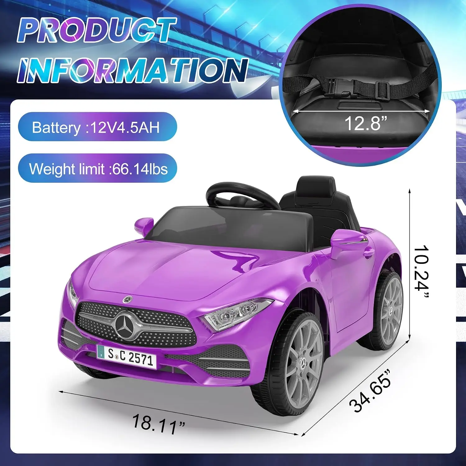 12V Battery Powered Electric Ride-On Car for Kids with 2.4G Remote Control, Double Doors, Safety Belt, and LED Lights view 6