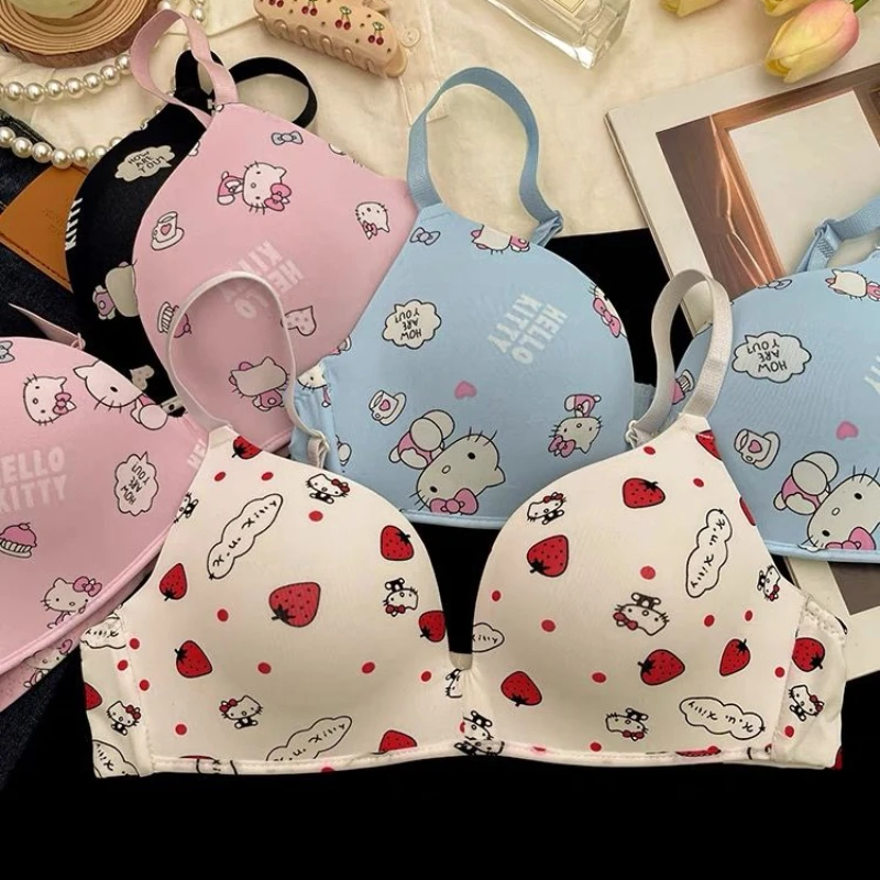 Sanrio Hello Kitty Women underwear Sexy Bra Panty Set Cartoon No Wire Push Up Underwear Female\'s Breathable Gathered Bra Gifts