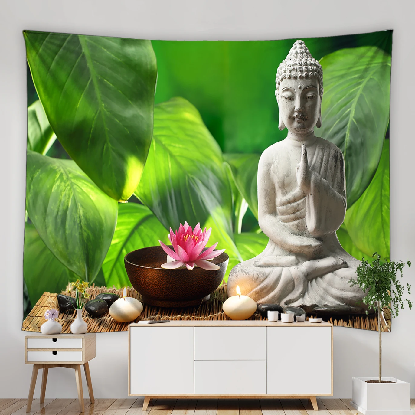 

Buddha Tapestry Wall Hanging Fabric Spa Zen Lotus Flower Candle Green Leaves Background Bedroom Bedside Living Room Home Decor