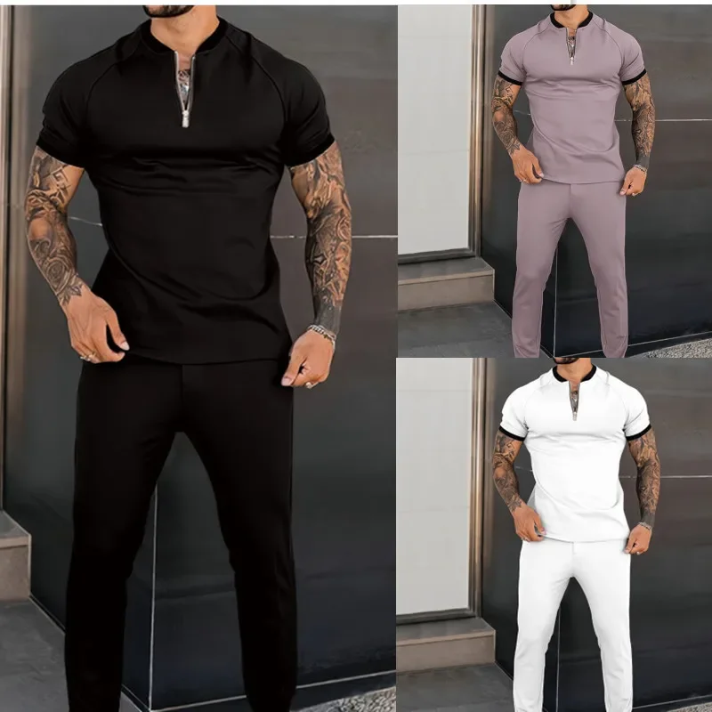 Fashion Mens Tracksuits Summer Sports Short Sleeve Zipper Stand Collar Top And Pants Two Piece Suits Men Casual Outfits Male Set