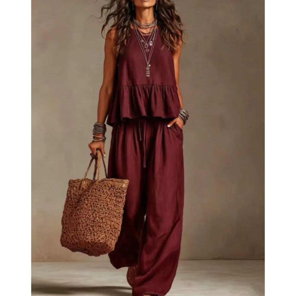 New Casual Sleeveless Women T-shirt Trousers 2piece Set Fashion Ruffled Large Swing Elegant Female Office Wide-leg Trousers Suit - view 3