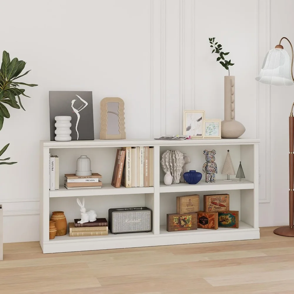 

White Bookshelf Double Wide 64“ 2-Tier Bookcase 4 Cube Storage Organizer Wooden Bookcases for Bedroom and Home Office Deco