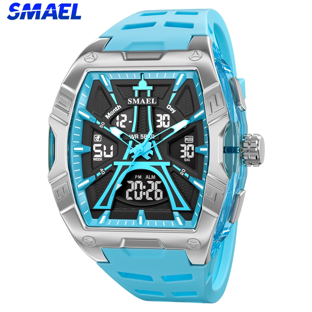 

Мужские часы SMAEL Top Man, водонепроницаемые, электронные, LED, роскошные, с двойным отображением времени, цифровые, из нержавеющей стали, кварцевые.
