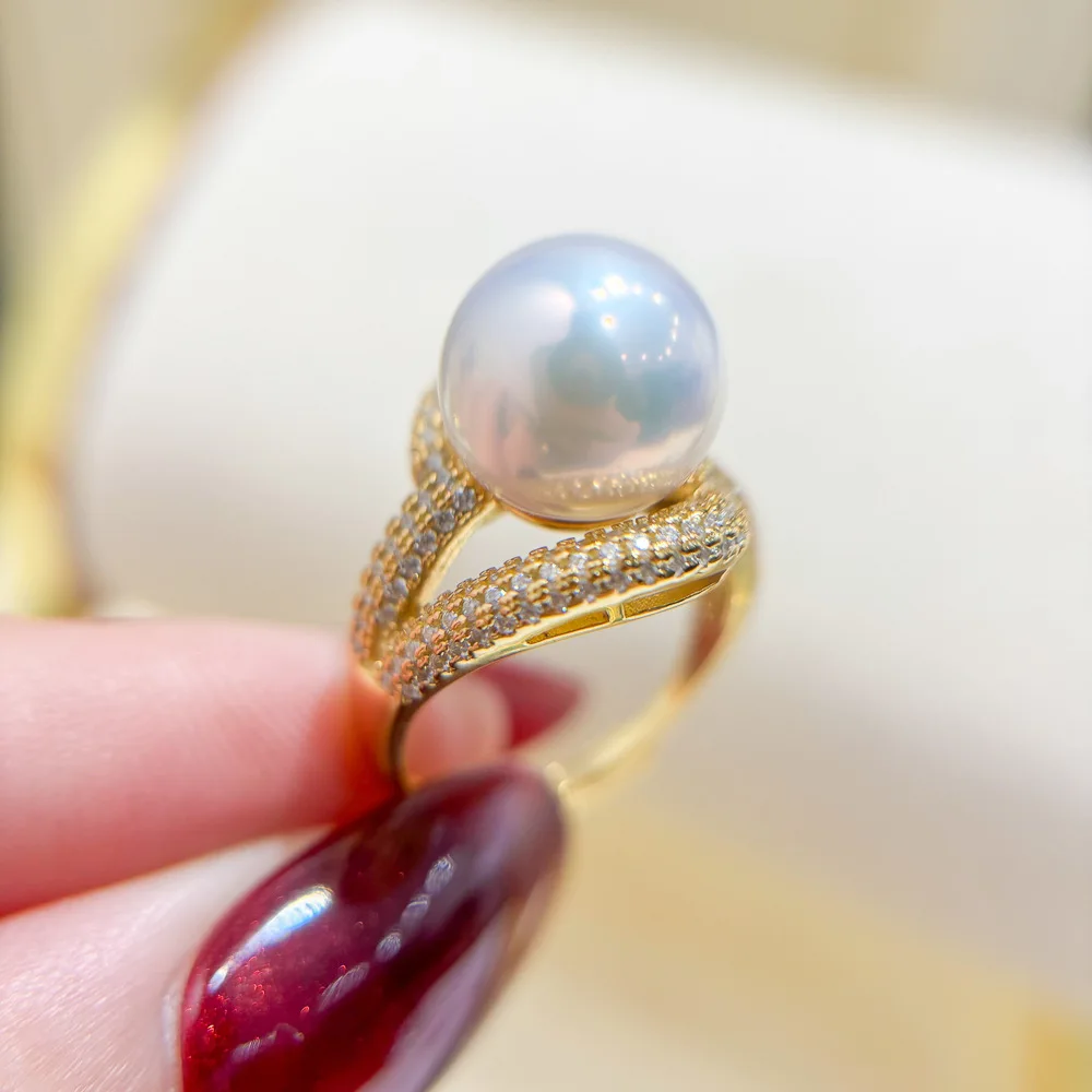 

HUGE AAAA 10-11mm 12-13mm 11-12mm Japan akoya white Rond natural pearl Shining Zircon Open Ring Retro lace
