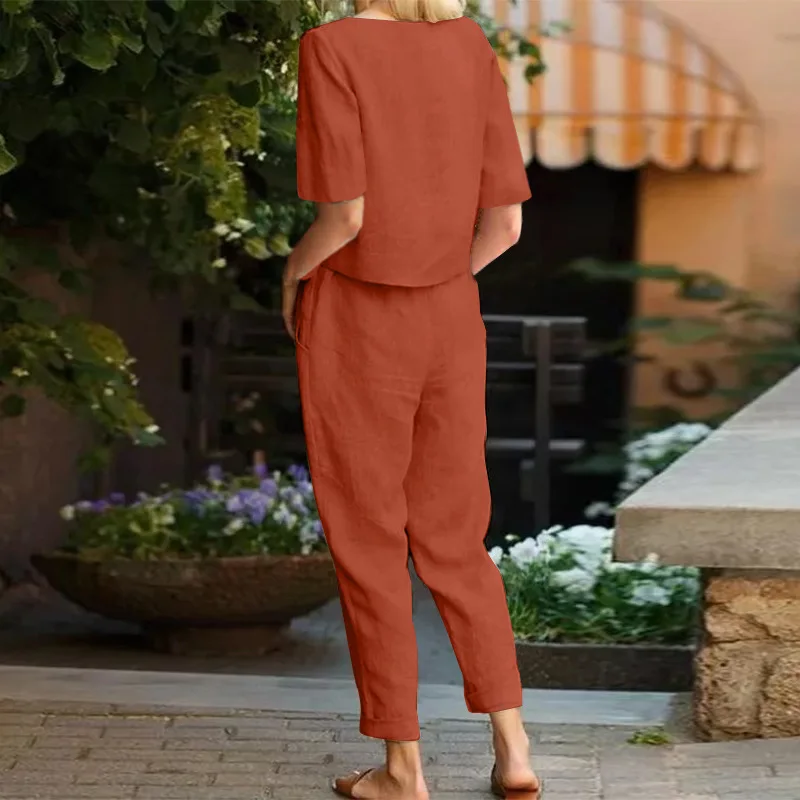 Summer Women Short Sleeve Blouse long Pants Sets 2PCS Solid Tshirt Tracksuit Two Piece Sets Loose Outifit Casual Matching Sets