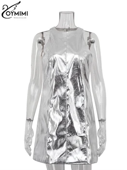 Oymimi Sexy Slim Sliver Pu Leather Dress Ladies Bodycon O-Neck Sleeveless Dress Elegant Classicc Party Dresses For Women 2023 5