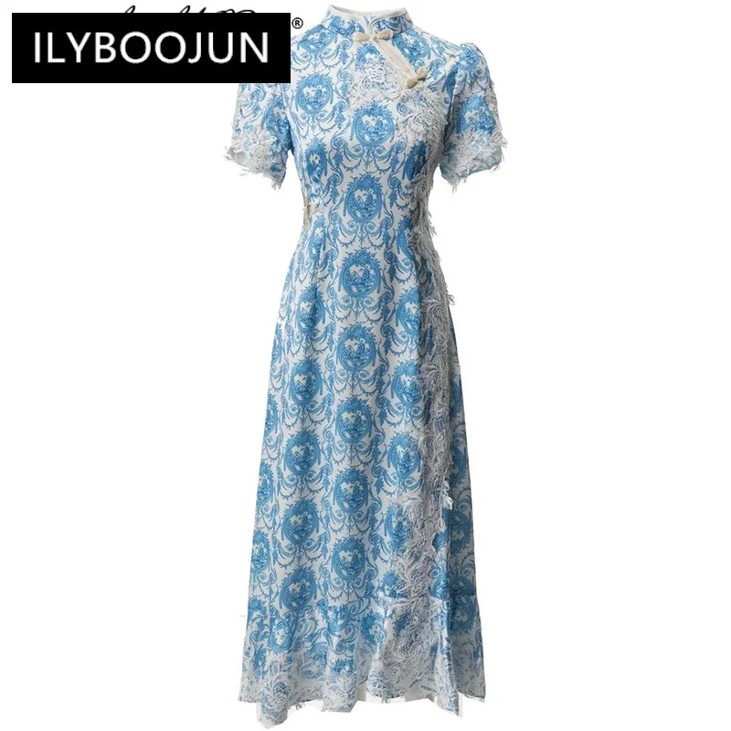 

ILYBOOJUN Fashion Spring Vintage Print Dress Women's Stand Collar Short Sleeve Beading Button Chinese Style Backless Dress