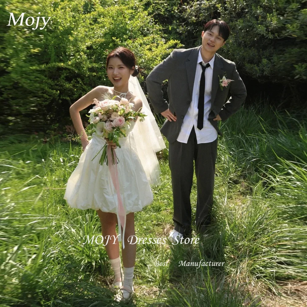 

Простые мини-платья для свадебной вечеринки без бретелек Mojy, шелковые атласные вечерние платья для фотосессии, милые вечерние платья 웨딩드레스, индивидуальные корсеты сзади