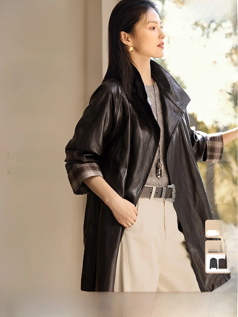 

XWI шикарное осенне-зимнее пальто из искусственной кожи, женское пальто с воротником-стойкой в стиле пэчворк, клетчатое пальто средней длины, длинное свекло