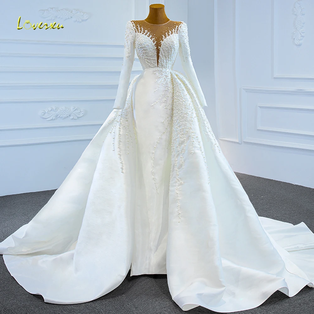 Loverxu Mermaid Matte Satin Wedding Dresses O-Neck Long Sleeve Vestido De Novia Beading Detachable Train Custom Made Bridal Gown