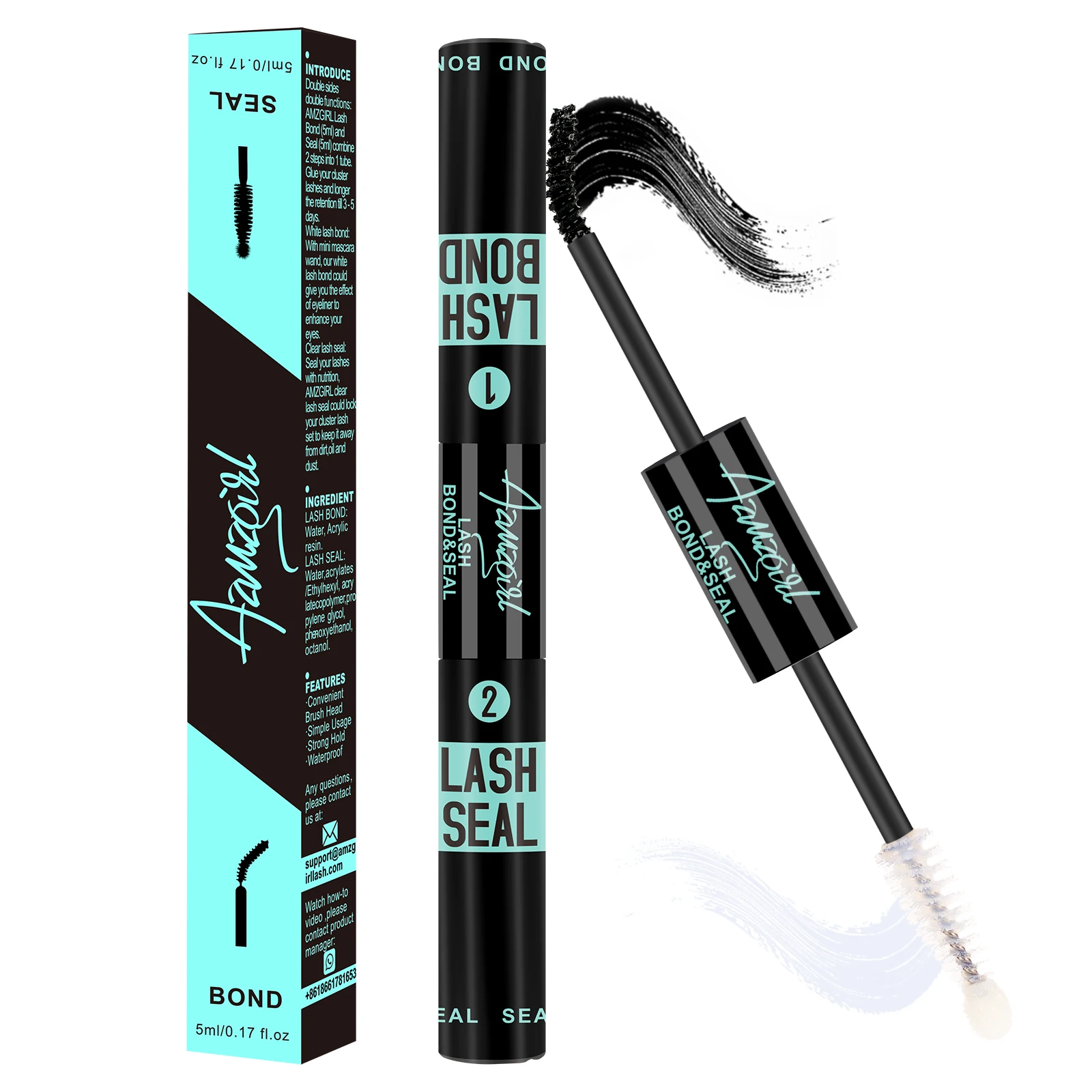 Amzgirl Lash Waterproof Bond and Seal Eyelash Cluster Glue10ml Long Lasting 72 Hours Black Cluster Lash Glue + Lash Seal 2 in 1