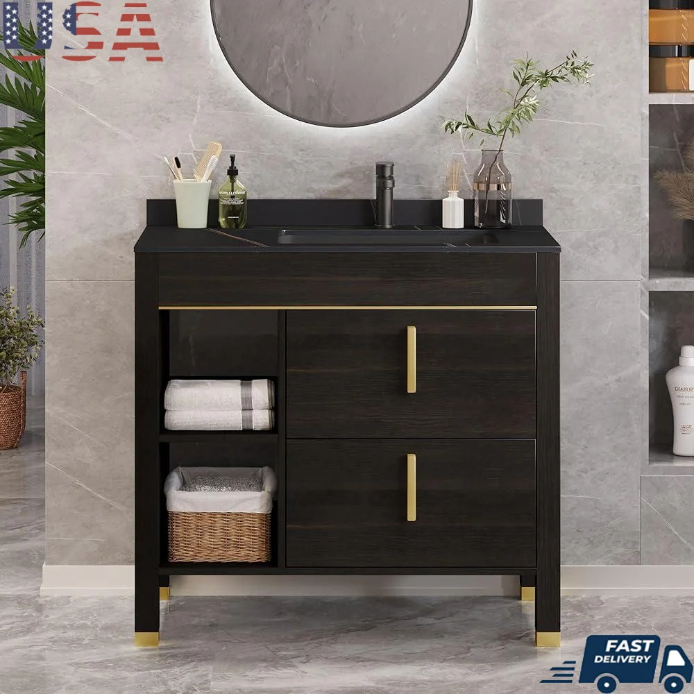 36 Inch Freestanding Bathroom Vanity Storage Unit with Sintered Stone Countertop Acrylic Basin Soft Closing Drawers Moisture