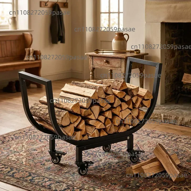 Firewood Storage Rack Wrought Iron Arc Design Movable Wheeled Firewood Stand Indoor Household Fireplace Log Holder