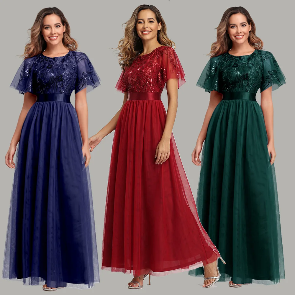 

Spring and summer splicing sequins short-sleeved round neck pendulum evening dress women's party sexy temperament elegant high-e