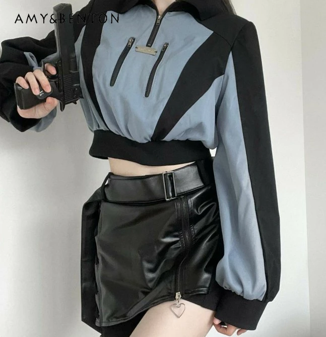 Gothic Street Color Matching Outdoor Jacket High Waist Slim Mini Leather Skirt Two-Piece Set Women Sweet Y2K Hot Girl Outfits