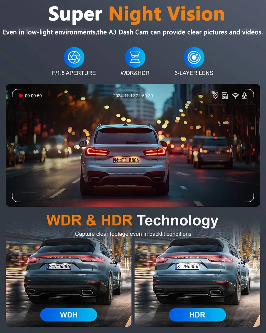 كاميرا داش FHD 4K+2K أمامية وخلفية: كاميرا داش مزدوجة للسيارات، واي فاي مدمج، كاميرا سيارة مع شاشة IPS مقاس 3 بوصات، UHD 2160P، تحكم في التطبيق #3