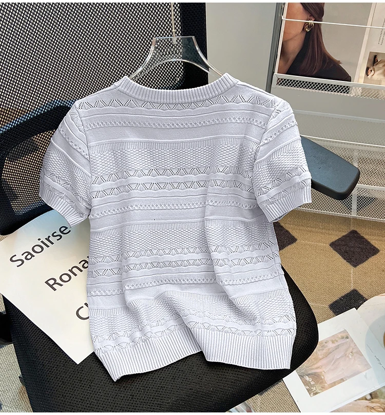 Women\'s Sweater Knit T-shirts Tops Summer Short Sleeve O-neck Hollow Pullover Tees Elegant Korean Fashion Chic Ladies Knitwear