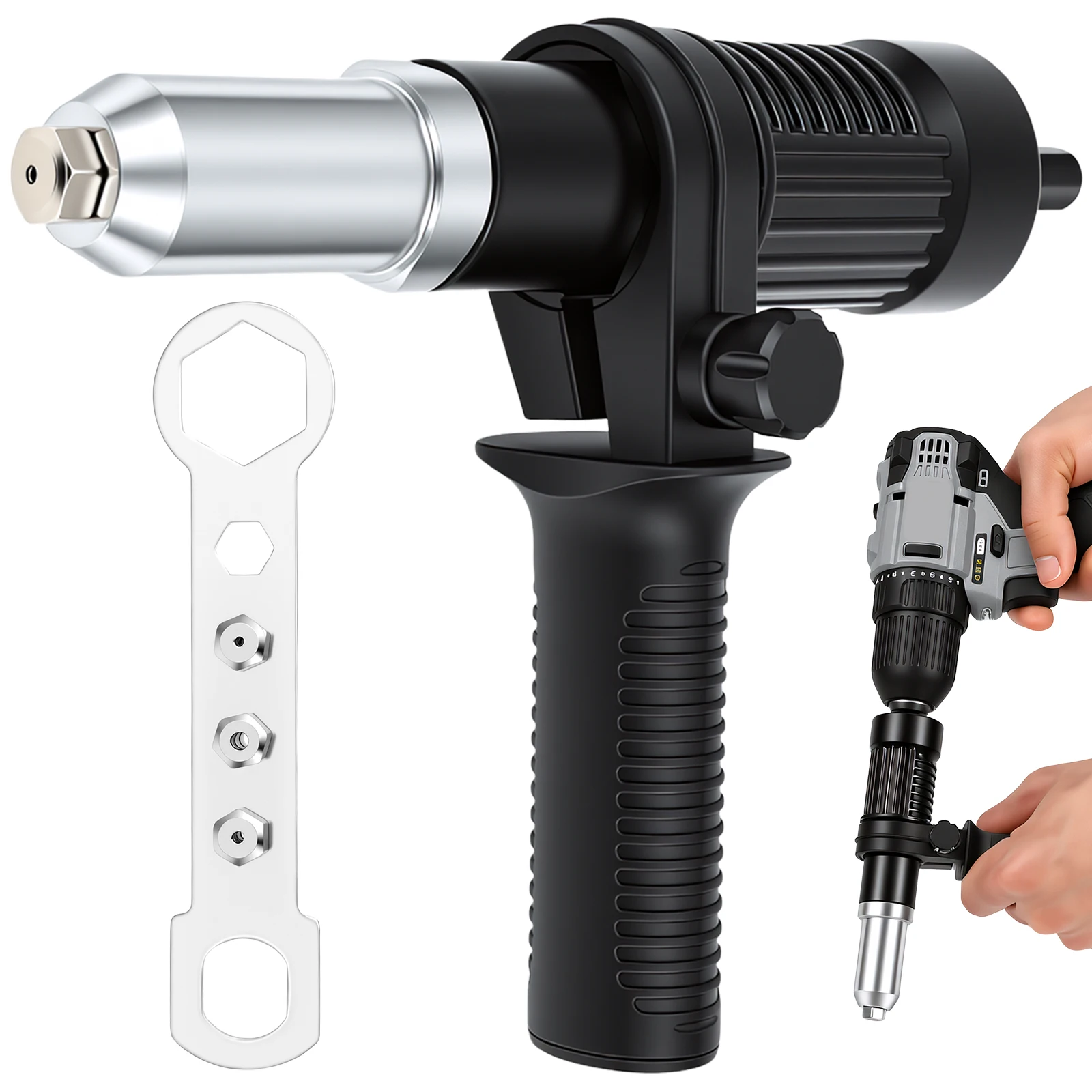 

Pop Rivet Gun Adapter Kit Rivet Drill Attachment with 4 Rivets Heads 2.4mm 3.2mm 4.0mm 4.8mm Cordless Electric Drill Riveter Ins