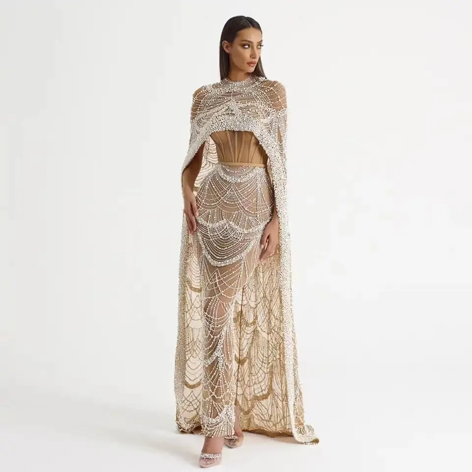 Luxury Pearls Dubai Champagne Evening Dresses with Cape 2023 New Arabic Women Mermaid Wedding Party Prom Dress