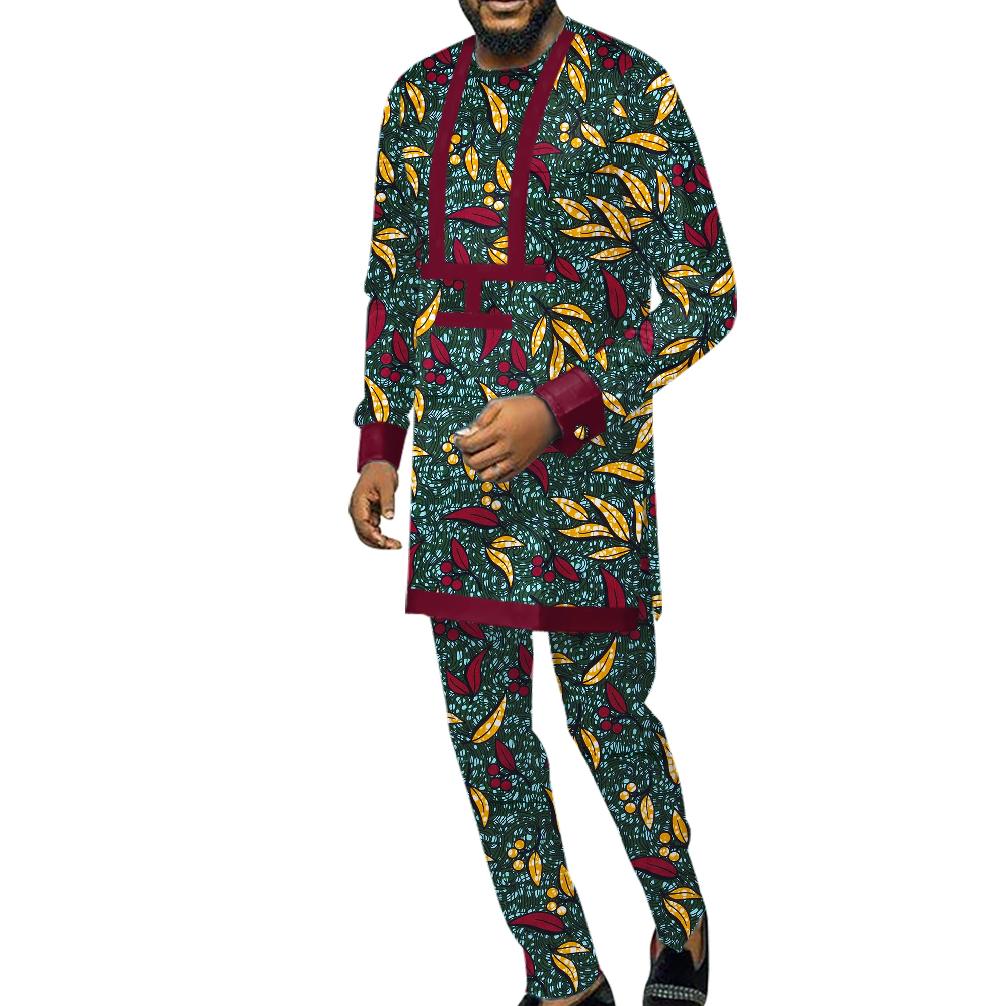 2 Pieces Set Men African Clothes Long Sleeve Print Shirt and Pants African Outfits Set Dashiki Bazin Riche Men Suits WYN991