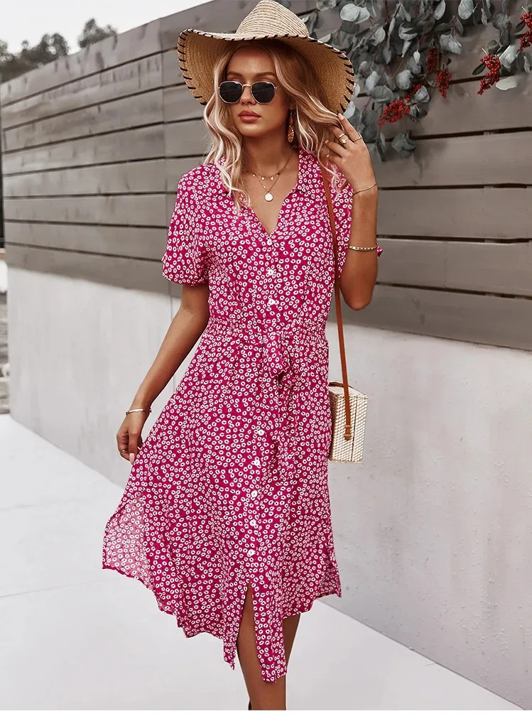 Abito da donna con stampa floreale Abito casual a maniche corte con bottoni Abiti longuette da vacanza con scollo a V femminile Abito Boho Chic da spiaggia Abito elegante ZPFQ