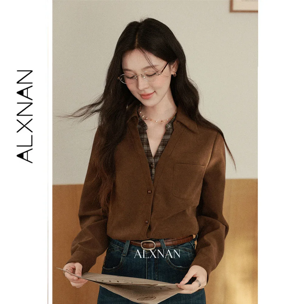 ALXNAN Women's Brown Shirt Autumn New Korean Minimalist Fake Two-piece Blouse 2026 Vintage Elegant Casual Female Top DYL662958
