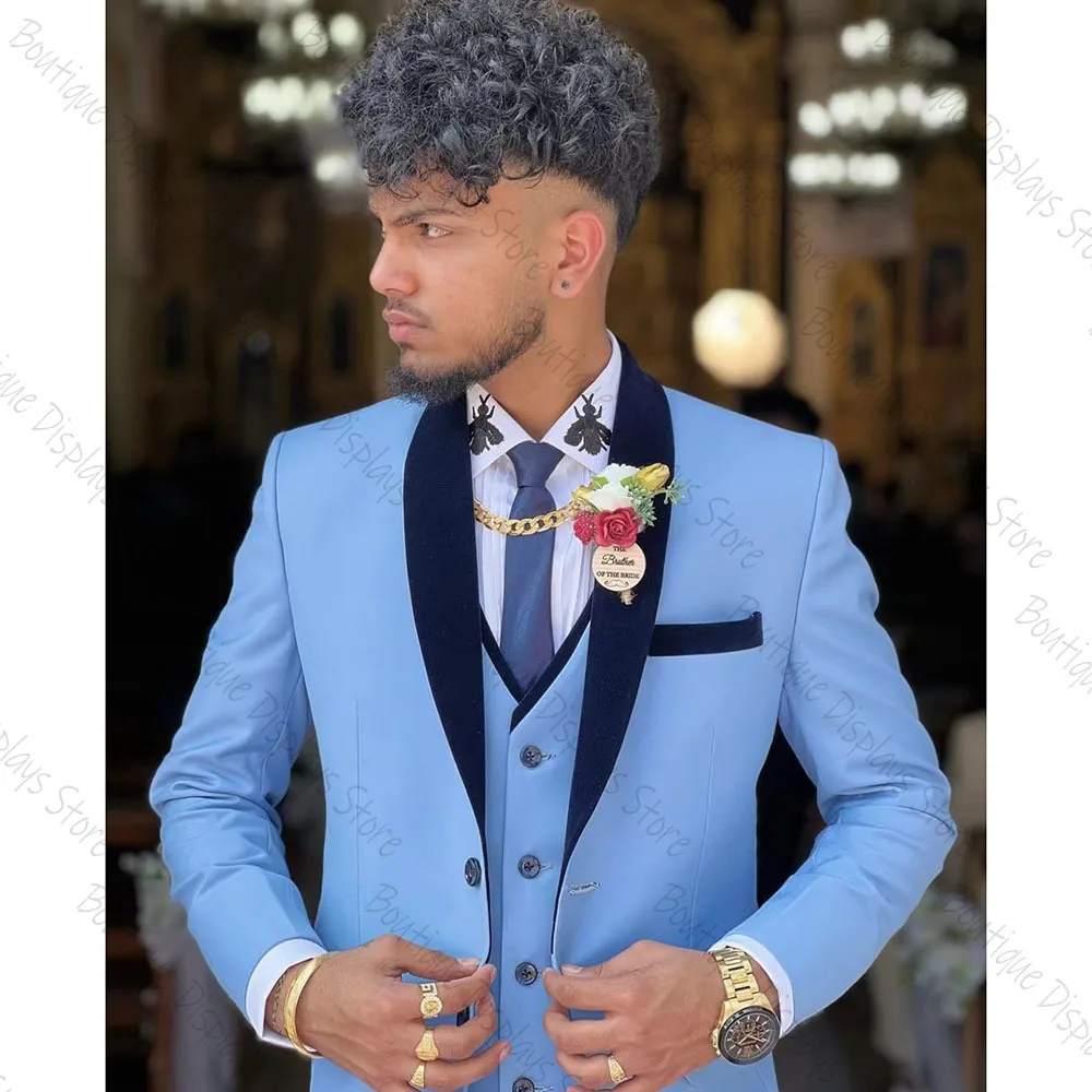 

Sky Blue Shawl Lapel Men Suits Business Casual Formal Costume Homme Slim Fit 3 Pcs Set Jacket Vest Pants