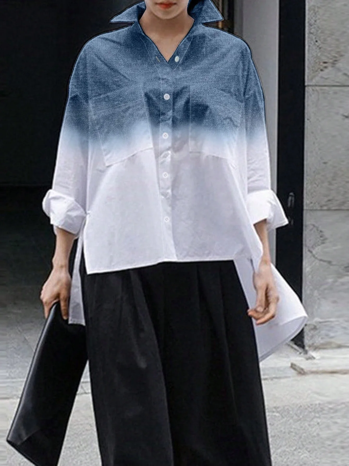 

Women's Ombre Print Lapel Collar Long Sleeve Loose Shirt High-Low Hem Casual Office Daily Wear