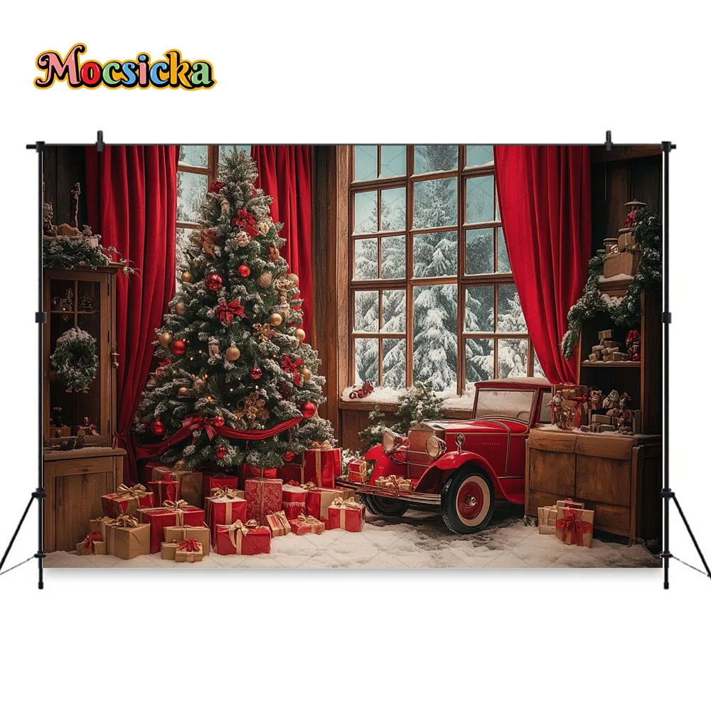 Retro Christmas Gift Room Background Photography Wooden Window Xmas Tree Toys Cars Backdrop New Year's Eve Family Photo Studio