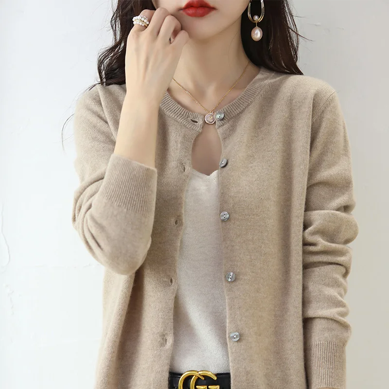 Ladies Cardigan Sweater Wool Coat 22 Spring Autumn New Round Neck Knitted Solid Color Loose Long Sleeve Bottoming Korean Version