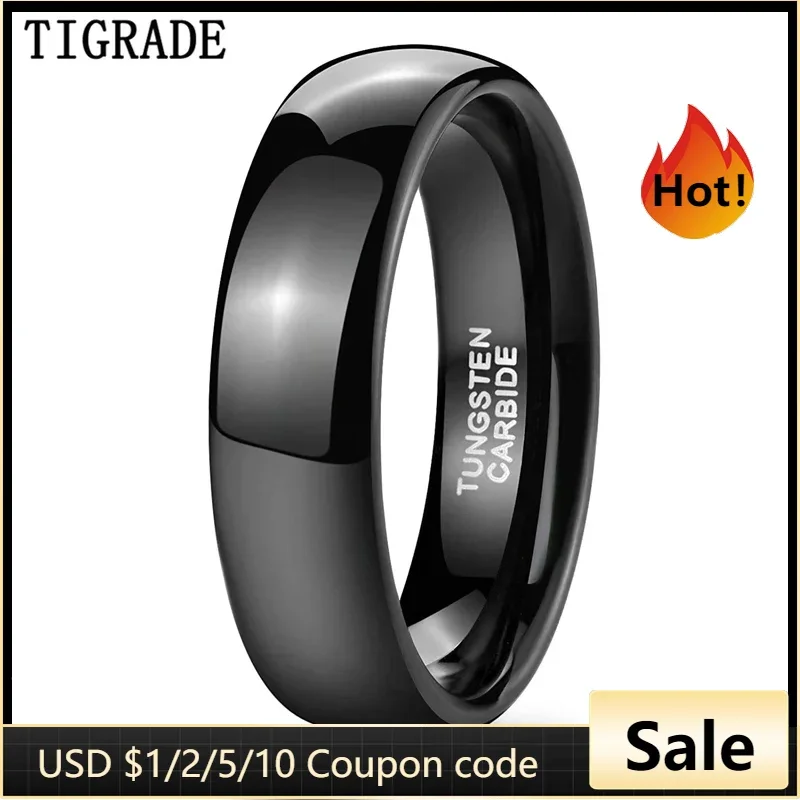 TIGRADE 2/4/6/8mm Black Ring Men Women Polished Tungsten Carbide Wedding Band Engagement Ring Unisex Lover Name/Date Engraving