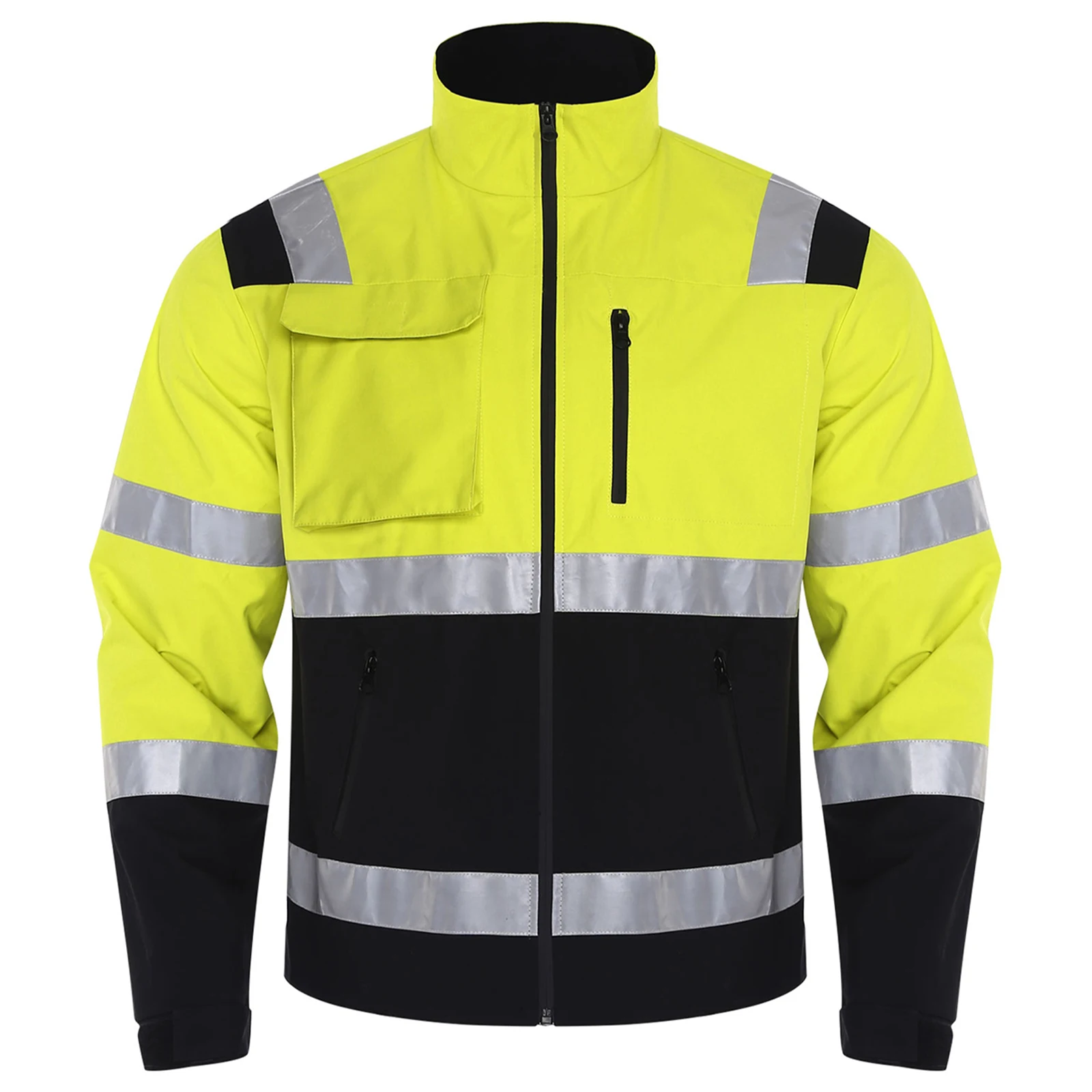 الرجال وضوح عالية عاكس قطاع سترة مقاومة للماء ملابس خارجية عمال الوقوف طوق كم طويل سستة معطف مع جيوب