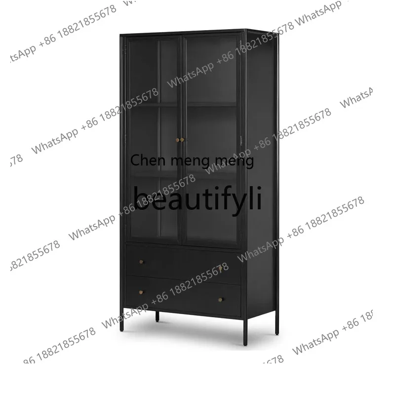 

American light luxury solid wood bookcase, living room floor bookshelf wine cabinet French retro two-door display cabinet H