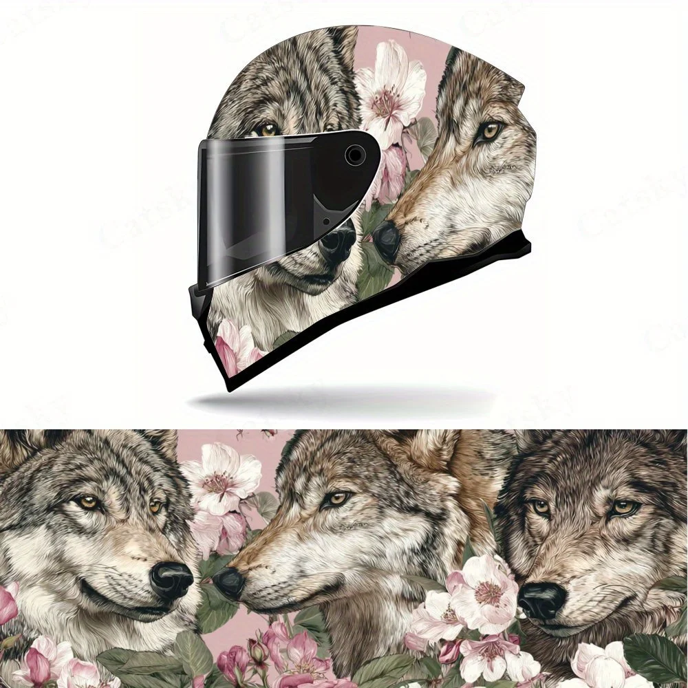 

Charming Wolf Pack and Flowers Motorcycle Helmet Decal, Waterproof Self-adhesive Helmet Vinyl Wraps Sticker, Cool DIY Graffiti F