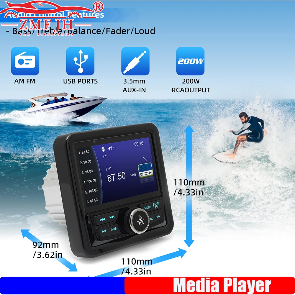 

ZMFJH MP5 Digital Media Audio Player Bluetooth-compatible FM AM Marine Radio Boat Stereo Waterproof Player For Yacht ATV UTV