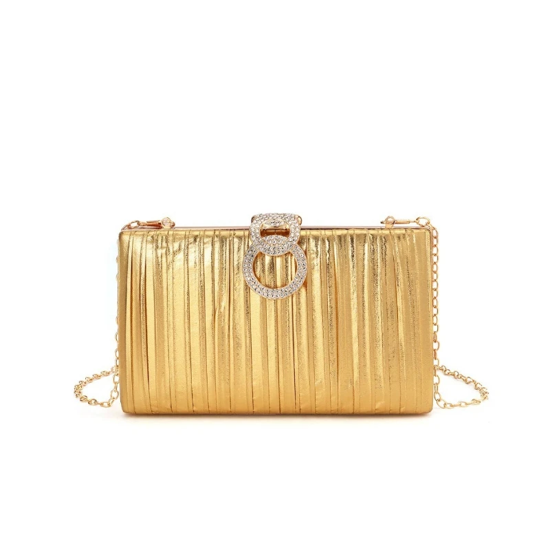 

Metallic Sparkle Gold Color Evening Bags Rhinestone Buckle Pleated Clutch for Women Elegant Formal Banquet Wedding Party Purses