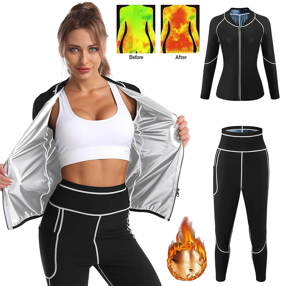 1PCS Sauna Anzug für Frauen Gewicht Verlust Schweiß Anzug Boxen Übung Schweiß Sauna Sweatshirt Hosen für Workout Body Shaper
