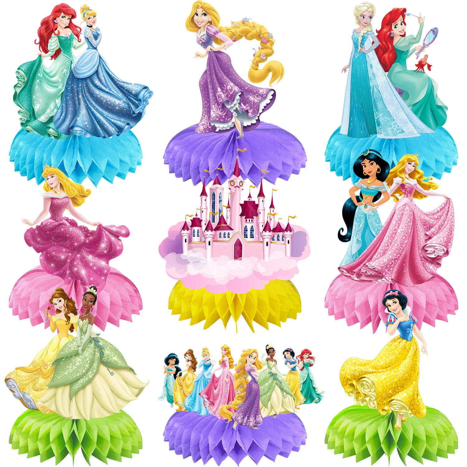 9pcs Disney Princess Honeycomb Center Decorations Snow White Ariel Cinderella 3D Table Girls Baby Shower Birthday Party Supplies