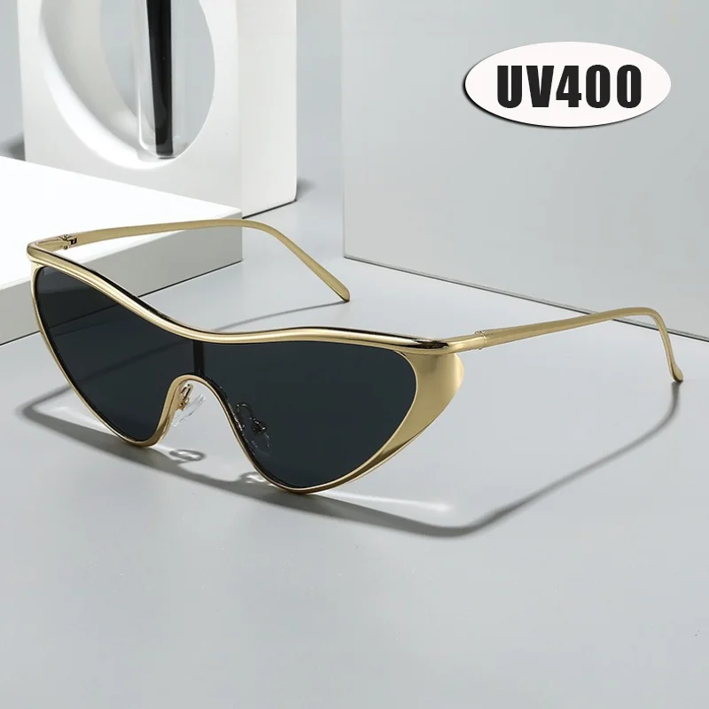 

Fashion Metal One Piece Cat Eye Sunglasses Premium Sense Trendy Sunglasses Brand Designer Punk Popular Metal Eyeglasses