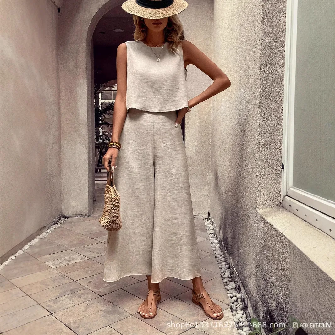 

Модные однотонные комплекты, женские повседневные пуловеры без рукавов с круглым вырезом + широкие брюки с высокой талией, комплект из 2 предметов, женская одежда 2025