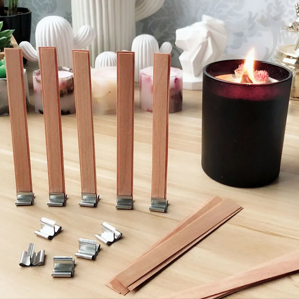 10Pcs Wooden Candles Wick with Base Holder/Base Smokeless Wick Candle Core DIY Soy Parffin Wax Candle Making Supplies