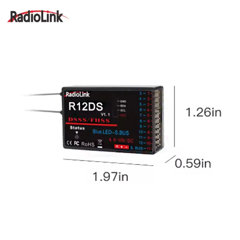 جهاز استقبال RadioLink R12DS 2.4 جيجا هرتز 12CH DSSS & FHSS لجهاز الإرسال RadioLink AT9 AT9S AT10 AT10II يدعم SBUS PWM