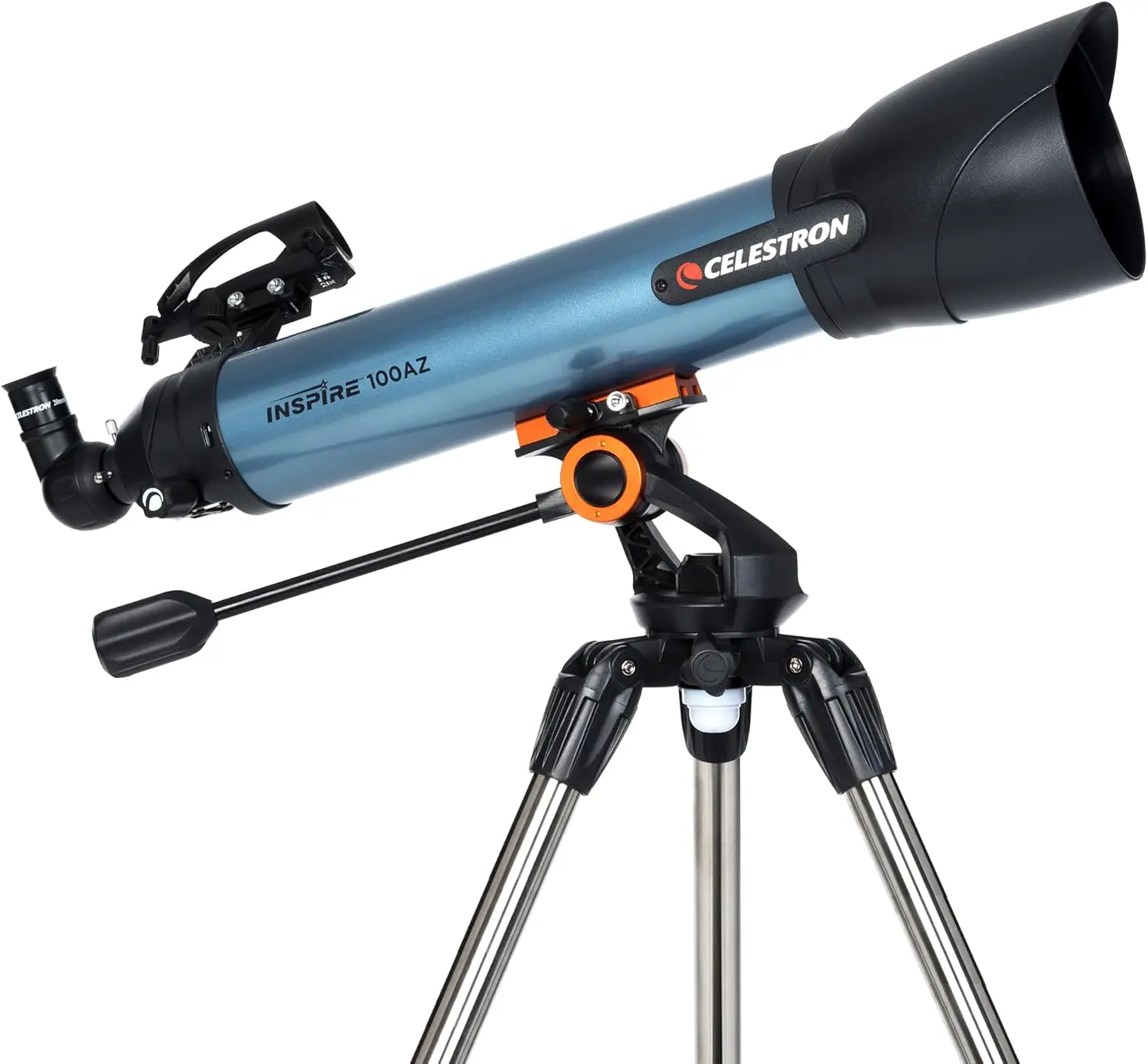 100AZ Refractor Telescope, Battery Powered，you just pop the tripod legs open, turn the lock knob and you’re ready to go.