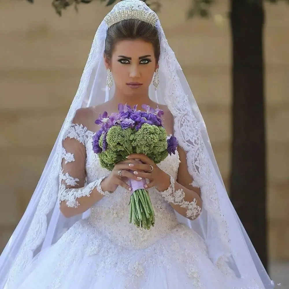 Vestidos de novia de princesa árabe de Dubái, cuello transparente, apliques de encaje, manga larga, vestido de novia Formal, 2024