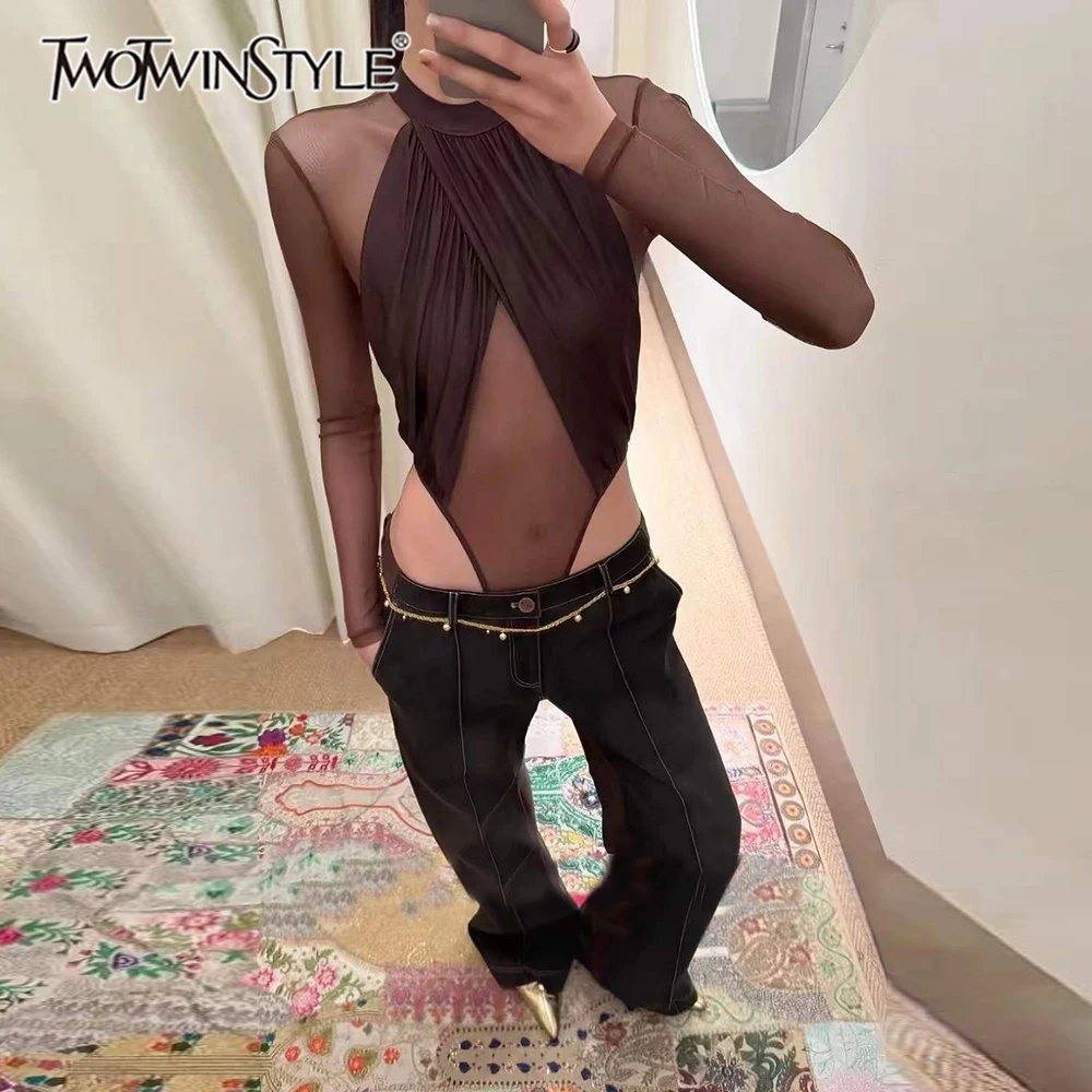 Женский комбинезон TWOTWINSTYLE с сетчатыми вставками и драпировкой, облегающий, однотонный, с воротником-стойкой, длинными рукавами, завышенной талией, сексуальный, новинка