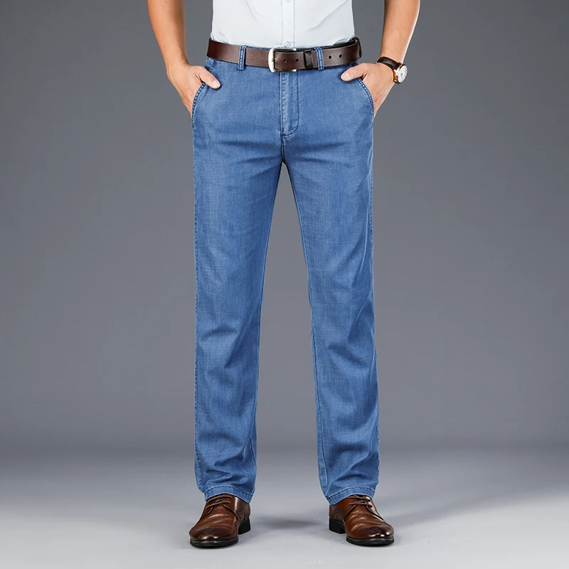 High Quality Men's Thin Jeans Loose Straight Stretch Breathable Casual Summer Fashion Gentleman Business Trousers