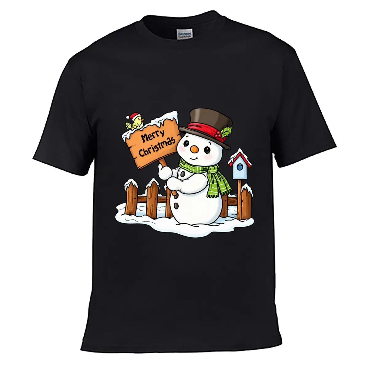 Merry Christmas Snowman Sign With Bird Holly And Birdhouse Loose Casual Tee