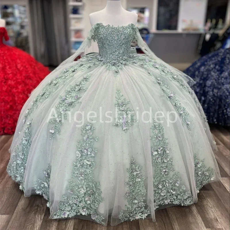 Vestido de baile verde brilhante com renda verde com apliques, vestidos Quinceanera, mexicanos, festa de aniversário, 15, 2025